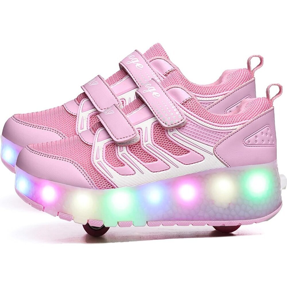 Kids Pink 1 Usb Chargeable Led Light Up Wheeled Skate Sneaker Shoes